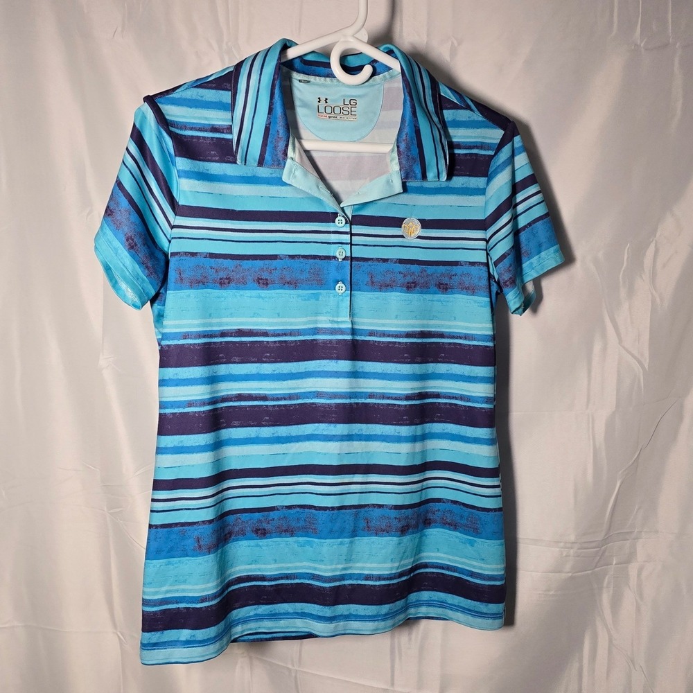 Under Armour golf‎ Womens HeatGear Loose Fit Polo Shirt Blue Striped Size Large